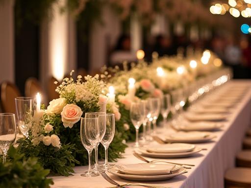 An elegant wedding reception table decorated with lush floral centerpieces and garlands.