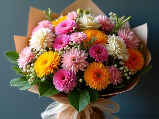 A stunning, custom-made bouquet with a variety of colorful flowers, wrapped in craft paper.